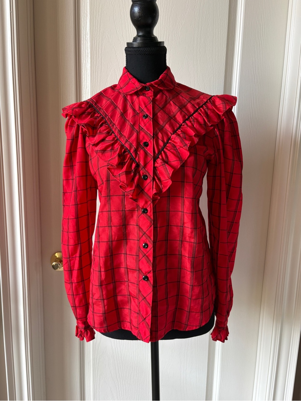 1980s Red Plaid Ruffle Button-Up Blouse